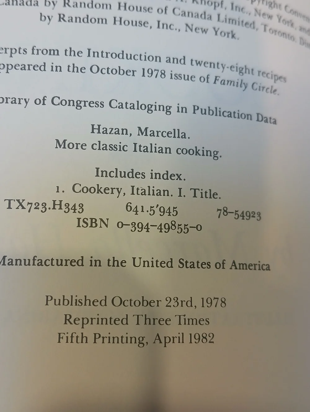 More Classic Italian Cooking by Marcella Hazan (1978, Hardcover) 5th Printing
